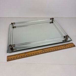 Vtg MCM Tabletop Vanity Mirror Lucite Plastic Tube Accents Rectangle 12x9in READ